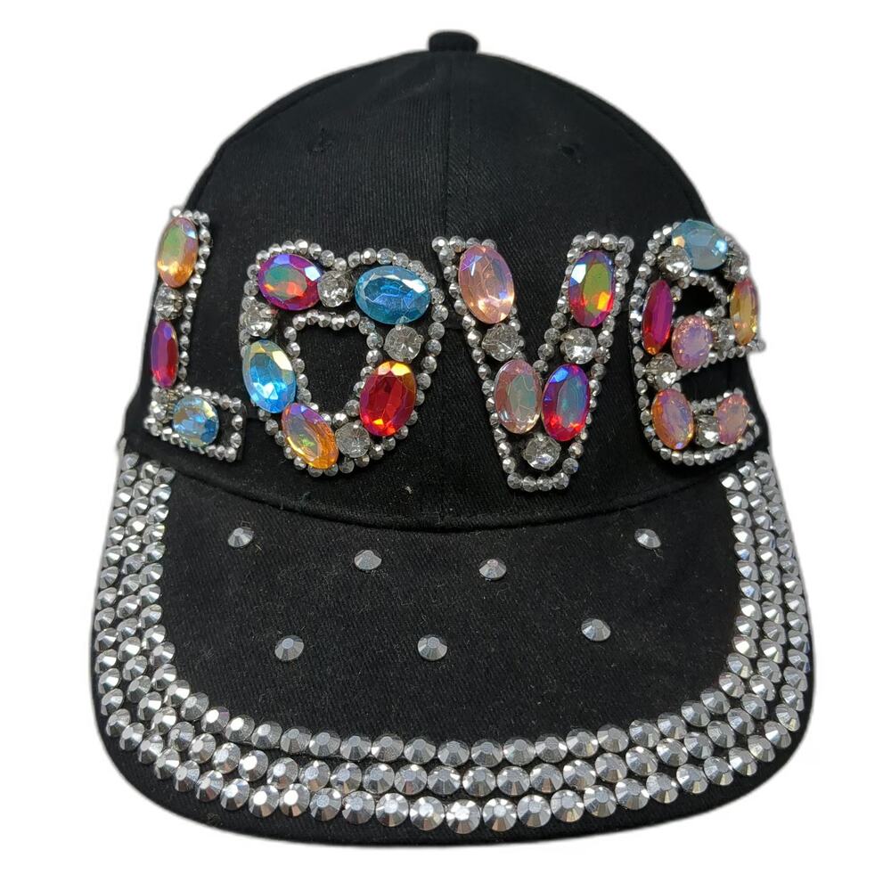 Baseball Cap Black One Size Rhinestone LOVE Gem Brim Strapback Bling Jewels hat